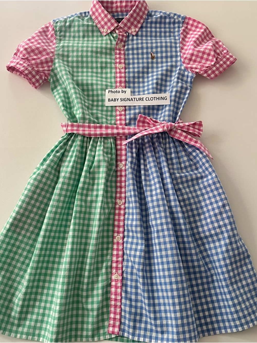 Polo Ralph Lauren Girls 14 Pink Green Blue Gingham Shirt Dress Belted Preppy